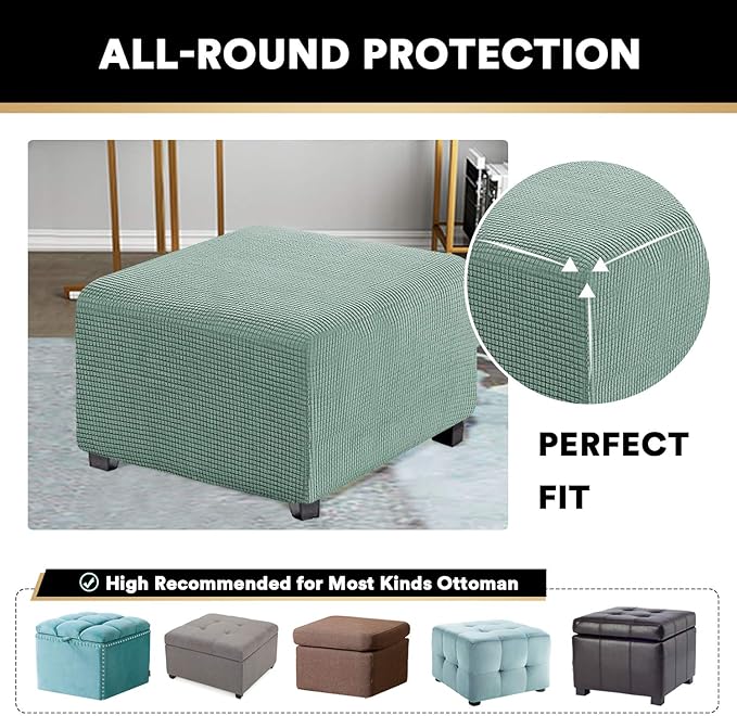 PrinceDeco Stretch Ottoman Cover Ottoman Slipcovers Square for Living Room Foot Stool Stretch Covers to Fit Ottoman Foot Rest, Thick Checked Jacquard Fabric with Elastic Bottom (Medium Size, Sage)