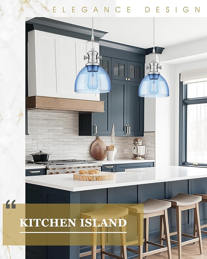2 Pack Pendant Lights Kitchen Island, 7.5" Farmhouse Pendant Lighting with Blue Seeded Glass Shade, Vintage Hanging Light Fixtures for Dining Room, Brushed Nickel Finish, AD-22151-1P2-SN-BL