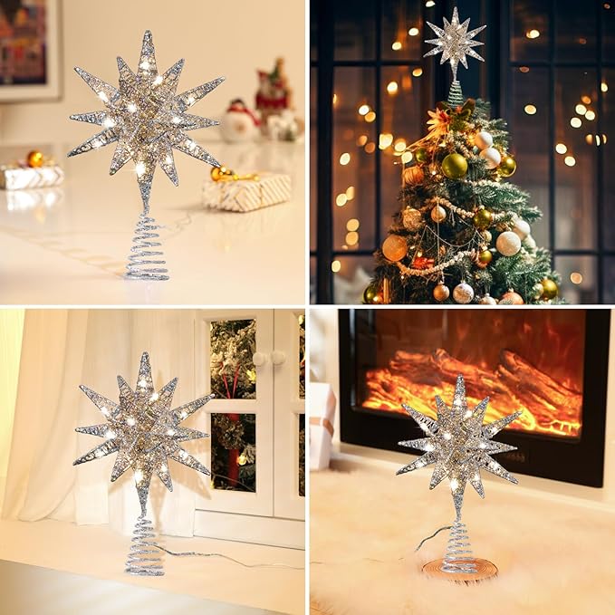 Lewondr Christmas Tree Topper, Plug in 3D Starburst Xmas Lighted Star Tree Topper, Remote Control & Timer Light Up Vintage Moravian Tree Topper for Christmas Decoraiton, Warm Light, Silver