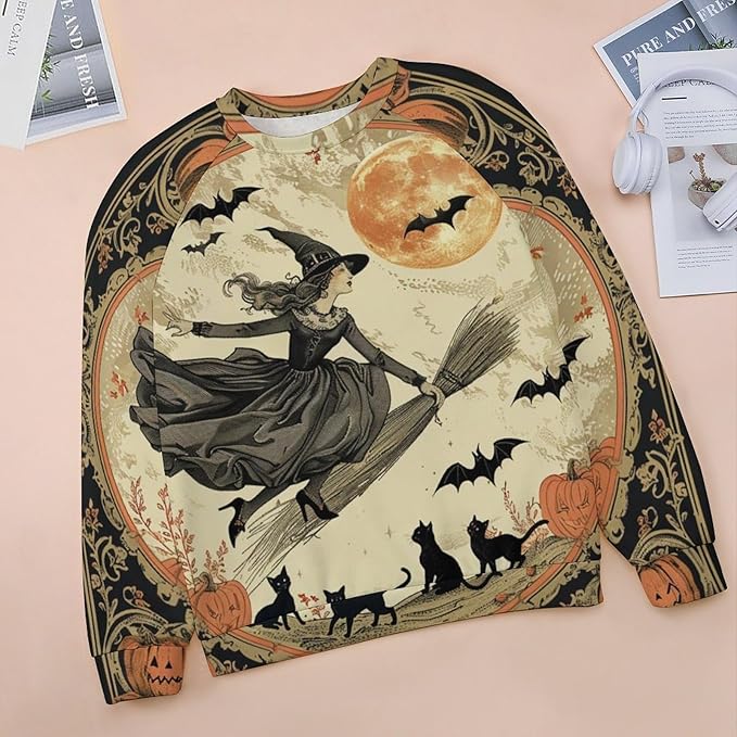 Halloween Sweatshirts for Women Funny and Spooky Print Crewneck Oversized Pullover Outdoor Lounge Fashion Sweater