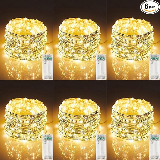 6 Pack Fairy String Lights with Timer, 2AA Battery Operated, IP65 Waterproof, 20 Warm White LED Copper Wire for Indoor Outdoor Decor