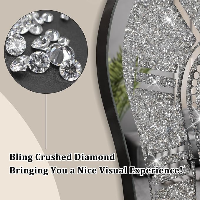 Modern Wall Clock for Living Room Decor Silver Crystal Crush Diamond Mirrored Clocks Irregular Mirror Clock Unique Wall Decorative for Bedroom Kitchen Dining Room