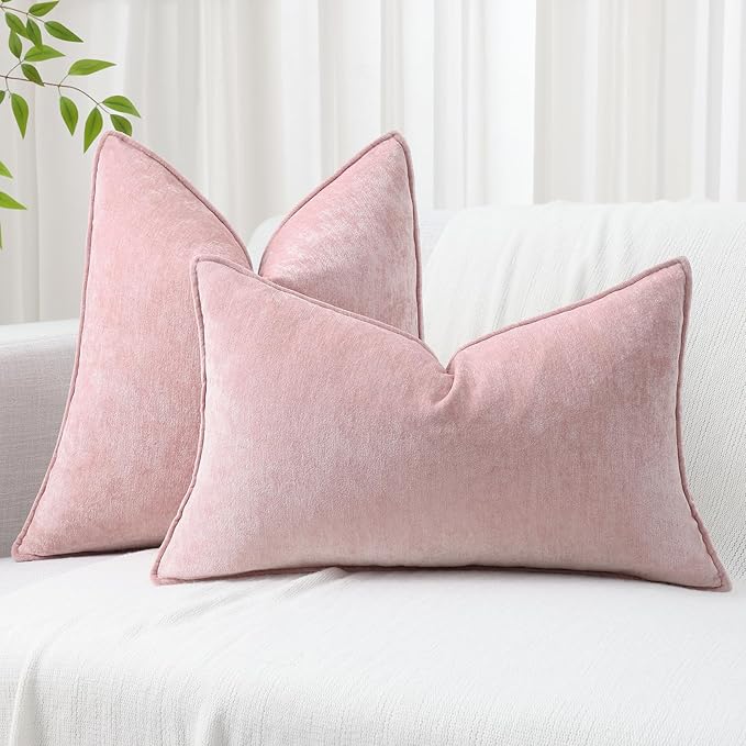 decorUhome Christmas Couch Throw Pillow Covers 22x22 Set of 2, Decorative Soft Euro Velvet Neutral Chenille Pillow Covers with Elegant Design for Sofa Bed Living Room Home Decor, Blush Pink