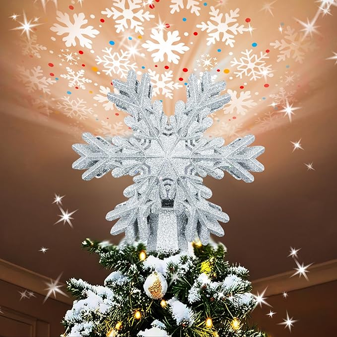 Christmas Snowflake Tree Topper with Rotating LED Projector, 3D Glitter Snowflake Plug-in Tree Top Ornament for Indoor Christmas Tree Decorations Holiday Decor