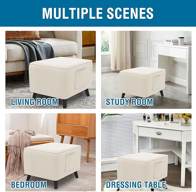 H.VERSAILTEX Thick Ottoman Cover Durable Linen Look Storage Ottoman Slipcover Footrest Stool Covers with Storage Side Pocket for Square Ottoman Fit Length 18"-19" Footrest - Heather Ivory