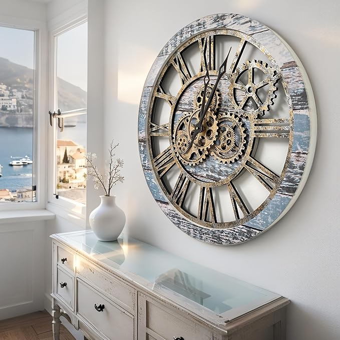 ImprovingLife The Gears Clock The Original Real Moving Gear Wall Clock Vintage Industrial Oversized Rustic Farmhouse (24 inch (60cm), Vintage Aqua Green and Bronze)