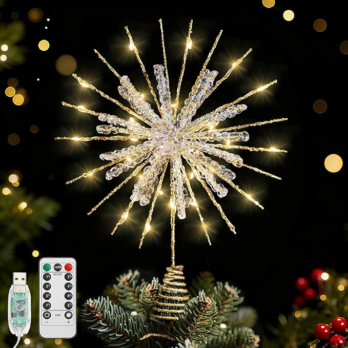 Lewondr Christmas Snowflake Tree Topper, 12.2 in 30 LED Xmas Tree Topper with Glittered Epoxy, Remote & USB Powered Snowflake Treetop, Xmas Home Decor for Party, 6H Timer & 8 Modes, Warm Light, Gold