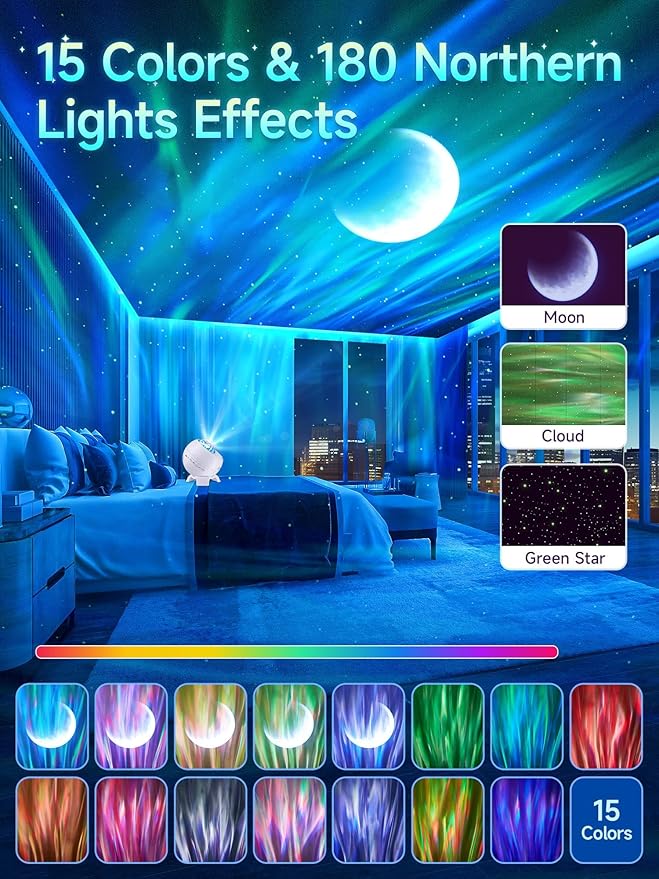 Northern Lights Projector,180 Lighting Modes Galaxy Projector for Bedroom,15 White Noise&Bluetooth Galaxy Projector for Bedroom,Remote+Timer Moon Star Projector Galaxy Light Projector,Christmas Gifts
