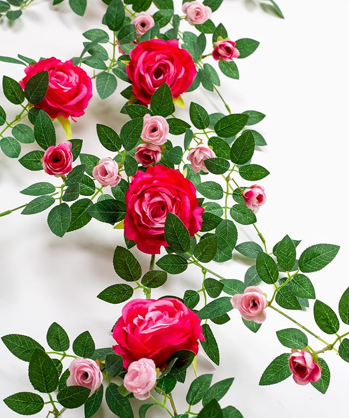 6FT Bendable Flower Garland, Artificial Rose Vine Hanging Floral Garland Decoration for Weding Home Room Wall Decor (Fushia, 2pcs)