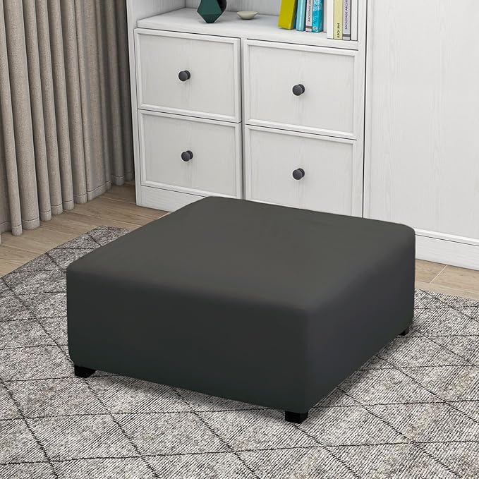 PureFit Super Stretch Form Fit Square Ottoman Cover Rectangle - Ottoman Slipcovers for Foot Stool & Folding Storage Furniture for Living Room with Nonslip Elastic Bottom (Medium-XL, Dark Gray)