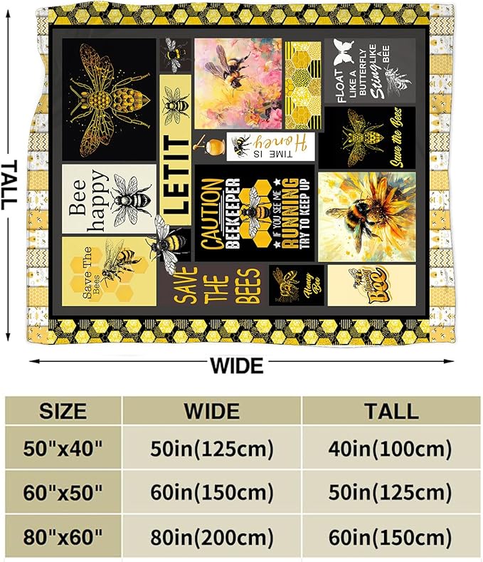 Bee Blanket Honey Bees Throw Blankets Plush Cozy Flannel Fleece Ultra Soft Fuzzy Party Blanket Gifts for Girls Women Men Boys Kids Bed 60"X50"