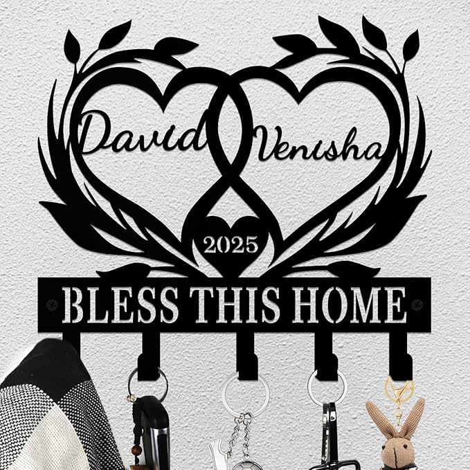 Personalized Gifts for Couples Key Holder Custom Heart Metal Hooks Key Rack Personalized Key Holder for Wall Custom Name Key Hooks Anniversary Wedding Gifts