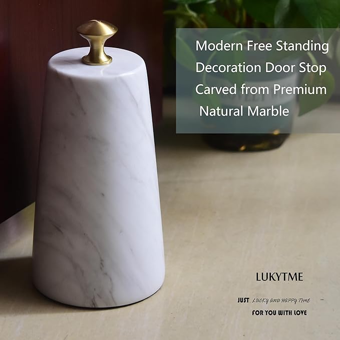 Decorative Door Stoppers, Solid Marble Heavy Duty Door Stops Indoor or Outdoor, Natural Stone Modern Door Stop with Brass Handle, Decor Doorstop Wedge Holder, Weighted Bookends.