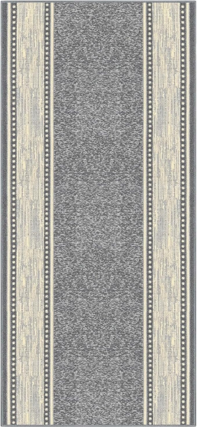Kapaqua Custom Size Grey Ivory Bordered Rubber Backed Non-Slip Hallway Stair Runner Rug Carpet 31 inch Wide Choose Your Length 31in X 18ft