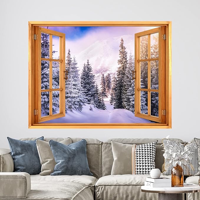 wall26 Removable Wall Sticker/Wall Mural Window View Winter Snow Pine Tree Mountain Forest Wilderness Nature Photography Realism Rustic Landscape Colorful for Living Room, Bedroom, Office - 36"x48"