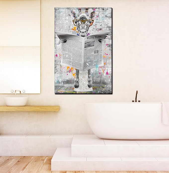 GUGIKA Giraffe Wall Art for Bathroom, Funny Graffiti Animal Picture Aesthetic for Bedroom, Black and White Wall Decor for Living Room, Big Restroom Decor, 24x36 Inch