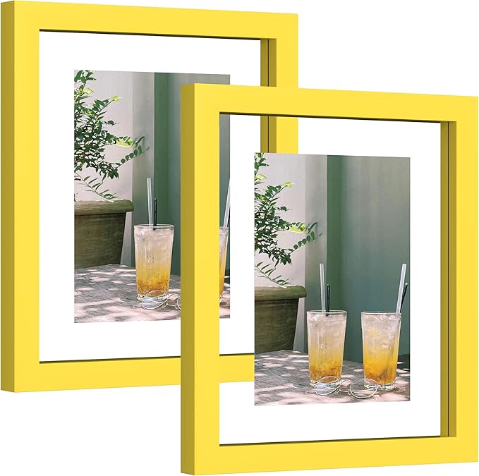 eletecpro 8x10 Yellow Floating Picture Frames Set of 2, Real Double Glass Picture Frames for Wall Mount, Vertical or Horizontal Display Multi-Size Photos and Artworks up to 8 x 10 Inches, Home Decor