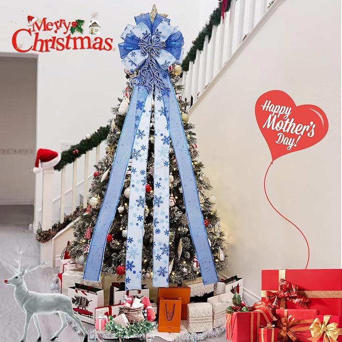 Christmas Tree Topper Bow, 43" Christmas Wreath Bows Blue and White Ribbon Ornaments with Tassels Snowflakes and Glitter, Home Decor for Holiday Xmas Decoration Home Parties Wedding Gift