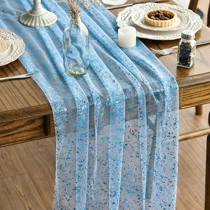 Artoid Mode Light Blue Gold Gauze Table Runner 120 Inch 10FT, Glitter Metallic Foil Sheer Dining Wedding Anniversary Holiday Table Decor for Home Party