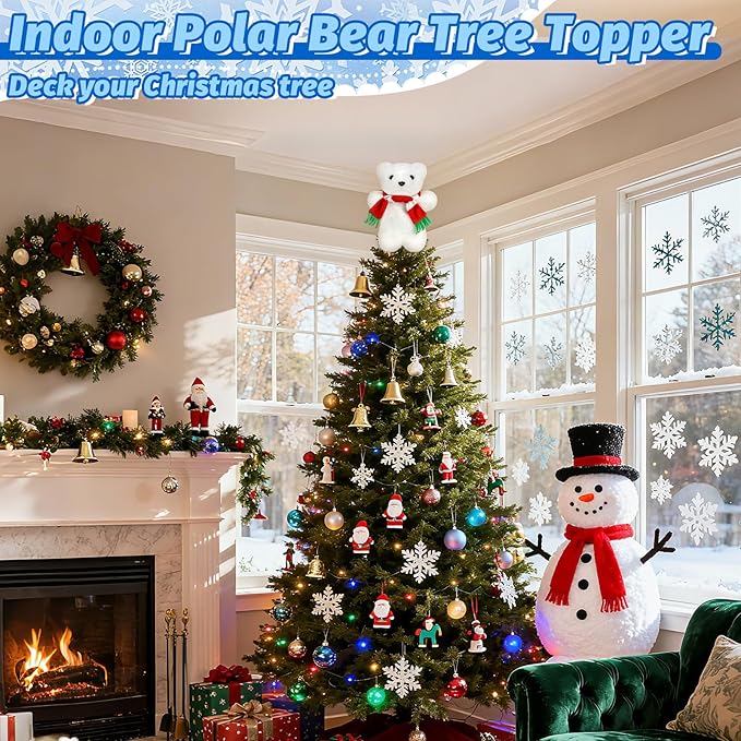Eyourlife Polar Bear Christmas Tree Topper with Red Scarf, 9inch Winter Cute Plush Stuffed White Polar Bear Tree Topper Decor for Party Home Gifts Xmas Christmas Indoor/Outdoor Tree Top Decoration