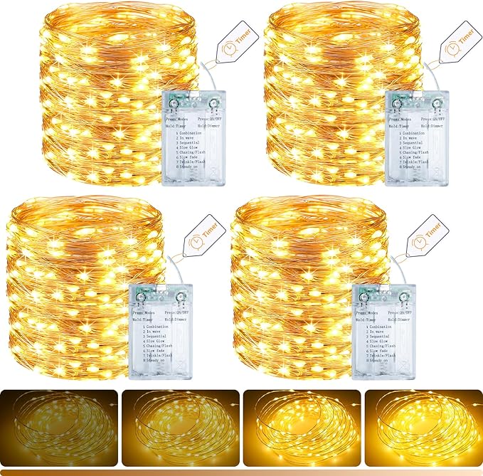 litogo 4 Pack Fairy Lights Battery Operated with Timer, 33FT 100LED Twinkle String Lights USB-C Powered 8 Modes Dimmable for Indoor Bedroom Centerpiece Wedding Classroom Dorm Christmas Decorations