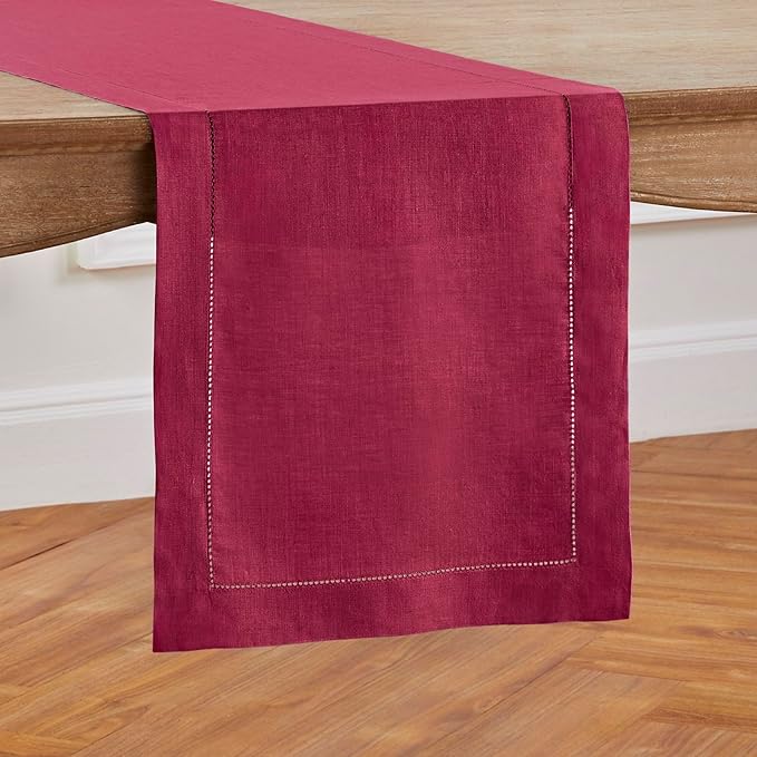 Solino Home Linen Beet Table Runner 132 Inches Long - 100% Pure Linen Extra Long Table Runner 14 x 132 Inch for Valentines, Easter - Classic Hemstitch