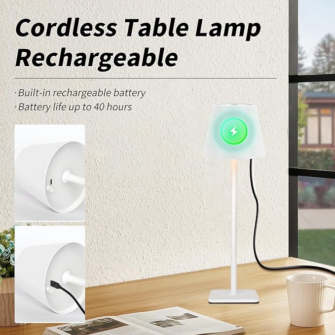 Mr. White Outdoor Waterproof Cordless Wireless Rechargeable Portable Top Touch Battery Operated Powered LED Table Lamp Desk Lamp Lights for Restaurant Kitchen Patio Dinner Dining (White)