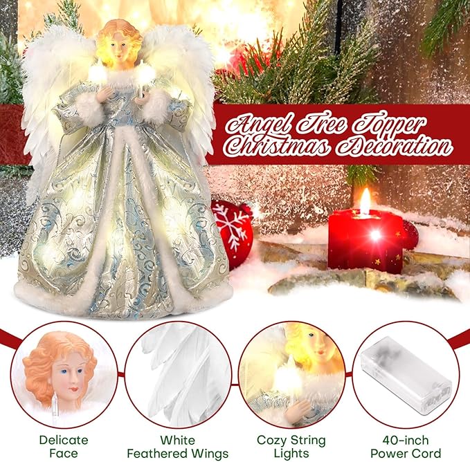 Angel Christmas Tree Topper with Lights and Remote Control, Lighted Tree Toppers Christmas Decorations, Elegant and Durable, Perfect for Xmas Holiday Home Decor and Gifts, Silver, WOKEISE