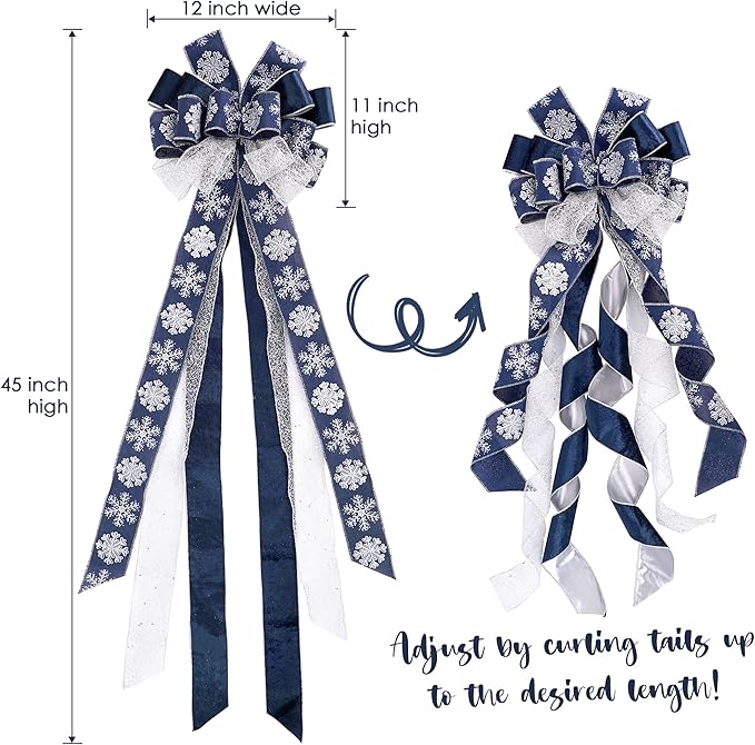 MEEDEE Navy Blue Tree Topper Navy Blue Christmas Tree Topper Bow 12 inch Wide Navy Blue Silver Glitter Yule Tree Wreath Bow Christmas Decorations Silver Snowflake Garland Bow Holiday Lantern (1 Pack)