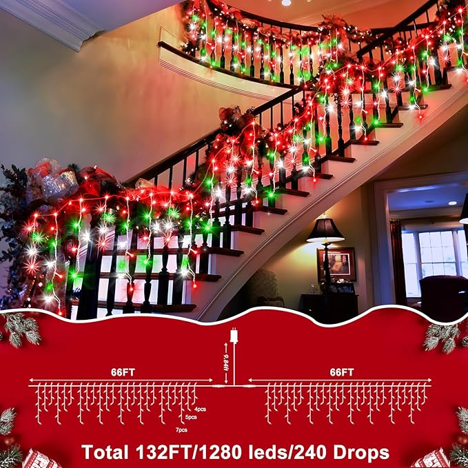 XURISEN 132ft Christmas Lights Decorations Outdoor, 1280 LED 8 Modes Fairy Lights with 240 Drops,Plug in Waterproof Timer Memory Function for Christmas Holiday Wedding Party Decorations