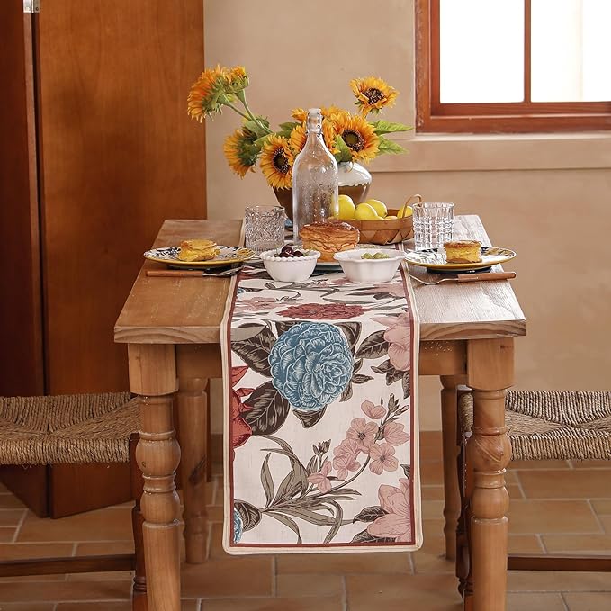 Linen Fall Table Runner 102 Inches Long,Vintage Rustic Farmhouse Blue and Red Flower Table Runners,Table Decoration for Christmas Thanksgiving Home Party Kitchen.12*102"-Burgundyred