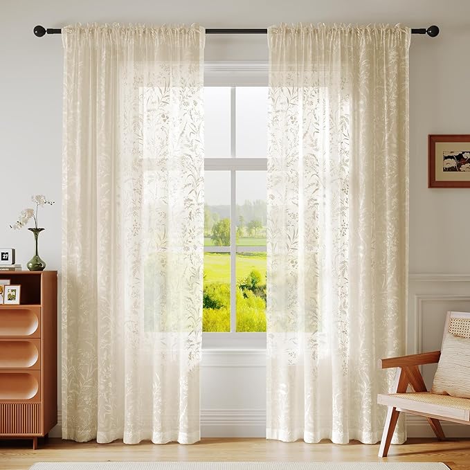 Anmao Taupe Semi Sheer Light Filtering Curtains 72 Inches Long 2 Panels, Leaf Pattern Drapes for Living Room Bedroom, Rod Pocket Sheer Window Treatments with Floral Design, 52x72 Inch