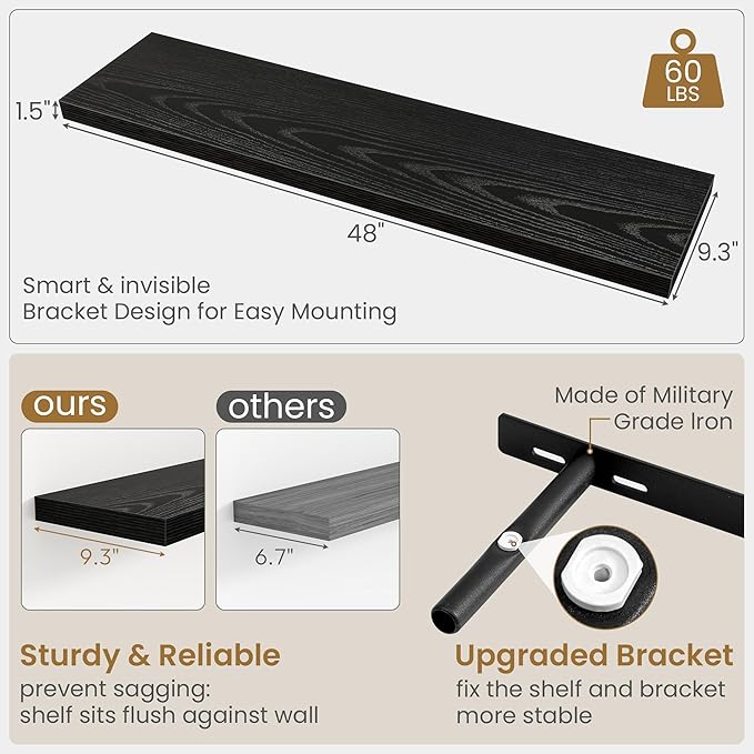 Fun Memories 48 Inch Floating Shelves in Black, 9.3 Inch Deep Wall Shelves for Bathroom, Living Room, Bedroom, Kitchen, Deep Long Shelf Wall Mounted 2 Pack Shelf for Books, Decor