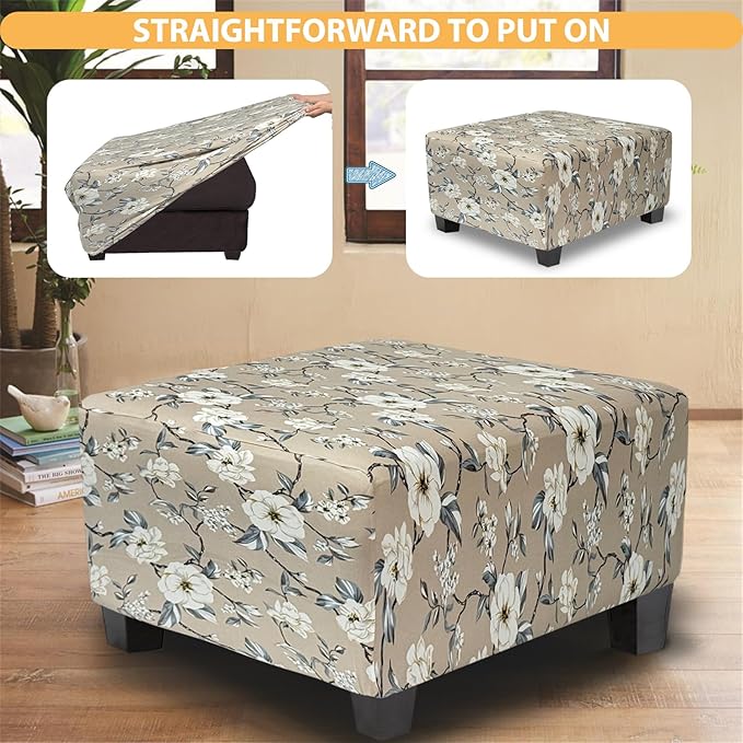 Ottoman Cover Square Slipcovers Printed,Stretch Footrest Stool Cover for Ottoman Square,Soft Foot Stool Cover Protector with Nonslip Elastic Bottom (Medium,Flower A)