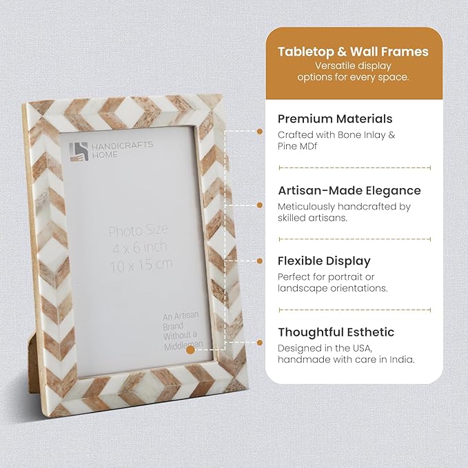 Handicrafts Home Chevron Mosaic Picture Frame– Handmade Bone Inlay 4 by 6 Photo Frame for Tabletop & Wall Decor, Home Decor, Boho Chic Coastal Farmhouse Frame, Colorful Desk & Shelf Decor- Brown White