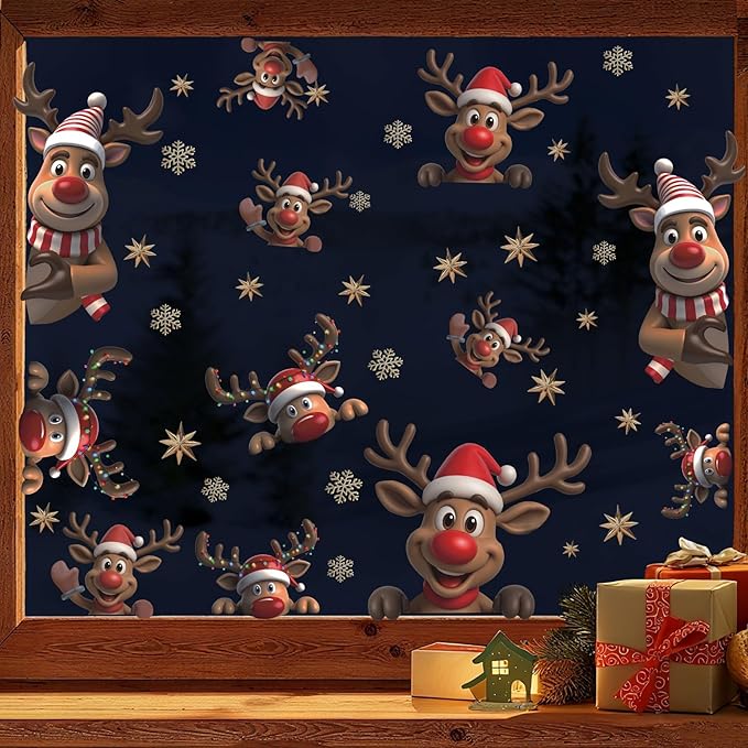 Christmas Window Clings Reindeer, Xmas Elk Wall Decals, Christmas Reindeer Wall Stickers, Xmas Snowflake Window Stickers, Xmas Elk Wallpaper for Party Class Home Living Room Bedroom