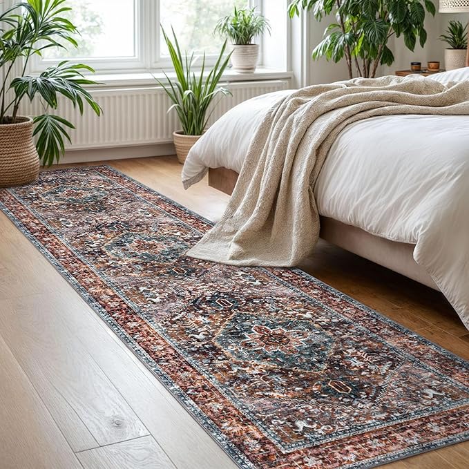 KOZYFLY Runners for Hallways 2x8 Ft Washable Kitchen Runner Rug Boho Runner Rug for Entryway Indoor Printed Oriental Faux Wool Floor Carpet Runner for Bedroom Kitchen Hall, Brick Red/Orange/Green