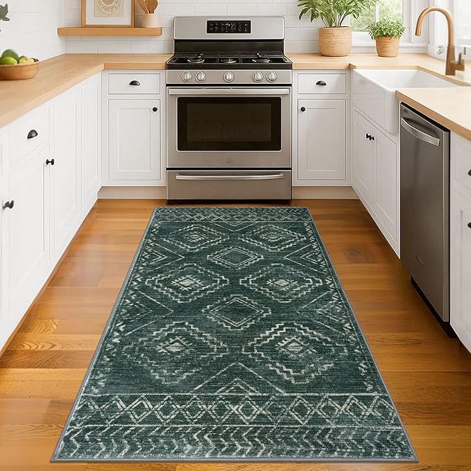 KILOCOCO Boho Entryway Rug 3x5 Area Rug Washable Non Slip Throw Rugs Soft for Kitchen Living Room Dining Bedroom Geometric Moroccan Carpet, Green