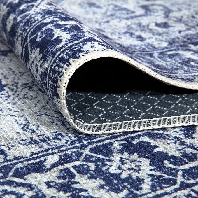 Bloom Rugs Washable Non-Slip 12 ft Runner - Blue/Ivory Traditional Runner for Entryway, Hallway, Bathroom, and Kitchen - Exact Size: 2.5' x 12'