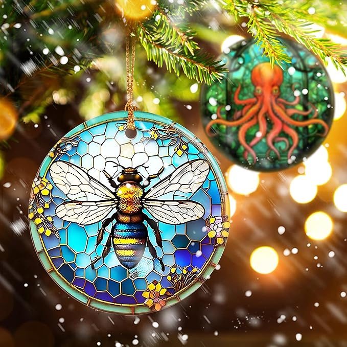 Touber Bee Ornament, Christmas Ornament, Christmas Decoration, Holiday Present Idea, Heirloom Keepsake, Round Ceramic, Gift Exchange, Bauble Present, Gift Idea, Bee