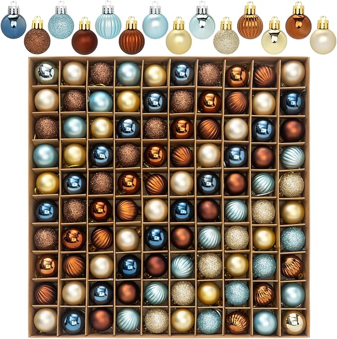 100 Pcs Mini Christmas Ball Ornaments Set, 1.18'' Blue Copper and Gold Small Shatterproof Xmas Tree Ornament Hanging Ball Bulk Decorations for Holiday Party, Wreath, Garland, Winter Decor
