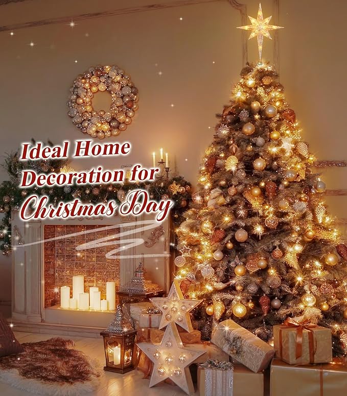Luxspire Christmas Tree Topper, Lighted Star Tree Topper with USB Plug-in & Remote Control, 10" LED Christmas Decorations Light, Xmas Trees Vintage Ornament for Home, Bethlehem Star-Champagne Gold