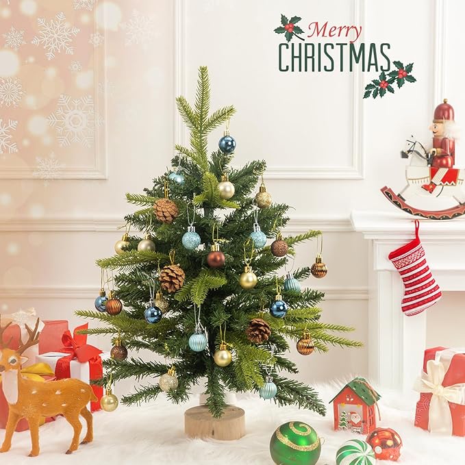 100 Pcs Mini Christmas Ball Ornaments Set, 1.18'' Blue Copper and Gold Small Shatterproof Xmas Tree Ornament Hanging Ball Bulk Decorations for Holiday Party, Wreath, Garland, Winter Decor
