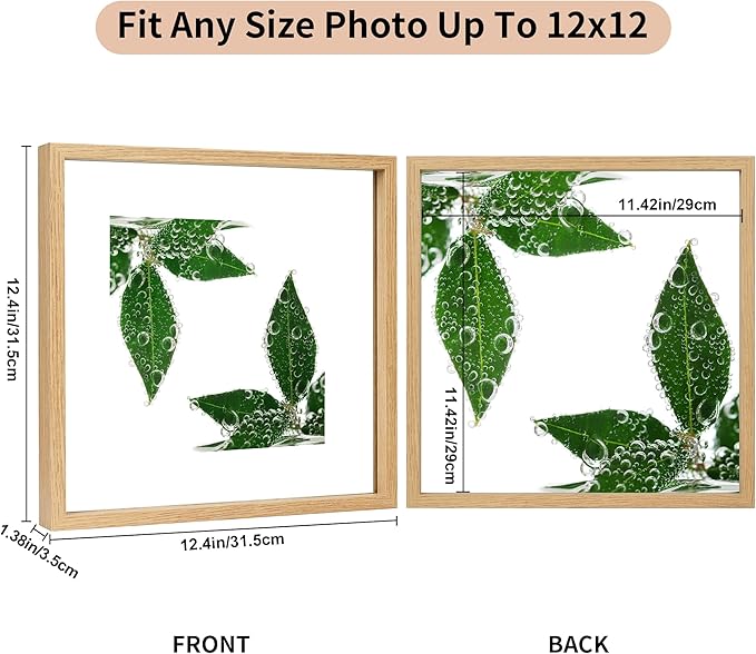 12x12 Floating Picture Frame Set of 2, Double Glass Photo Frame Wooden Frame for Wall Mount or Tabletop Displays for 8x10, 10x10 inch Pictures, Plane Edge Frames, Natural