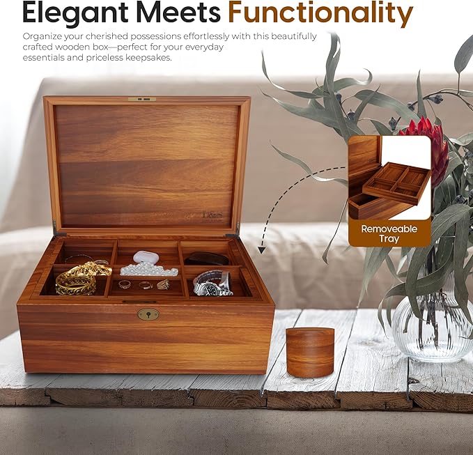 LUSH & STYLE Acacia Wooden Box, Keepsake With Hinged lid and locking key, Decorative, Memory, Wooden Storage Boxes, Customizable Design With Adjustable Tray,keepsake trunk(Divider Model) Large
