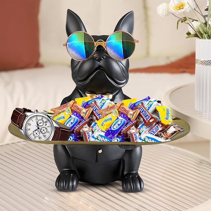 Bulldog Tray Statue, Sitting Bulldog Candy Dish Key Holder Bowl, Bulldog Accessories, Resin Statues for Office Desk Home Decor Figurines Entryway Table Decor (Black)