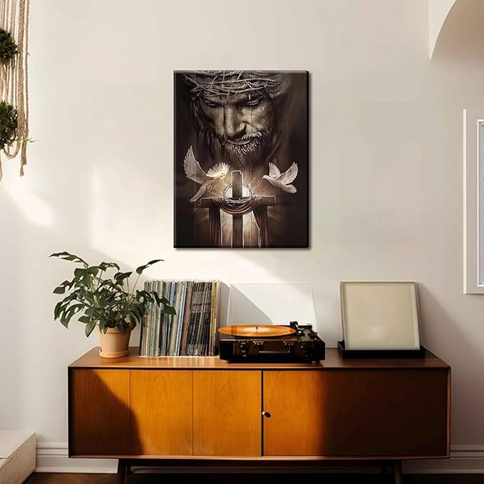 Eysintum Christian Framed Canvas Wall Art Jesus Christ Cross and Doves Religious Home Decor for Church, Prayer Room, Living Room, Office, Hospitals – Ready to Hang 12x16in