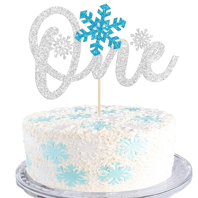 Gyufise 1 Pack Snowflake One Cake Topper Blue Silver Glitter Winter Onederland 1st Birthday Boy Decorations for Winter Xmas Holiday Party Decoration Supplies