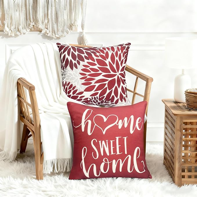 Decorative Throw Pillow Covers Set of 4 Wine Red Pillow Covers 16x16 inch Throw Pillow Cases Linen Square Pillow Case,Farmhouse Outdoor Modern Boho Pillow Covers for Couch Sofa Living Room