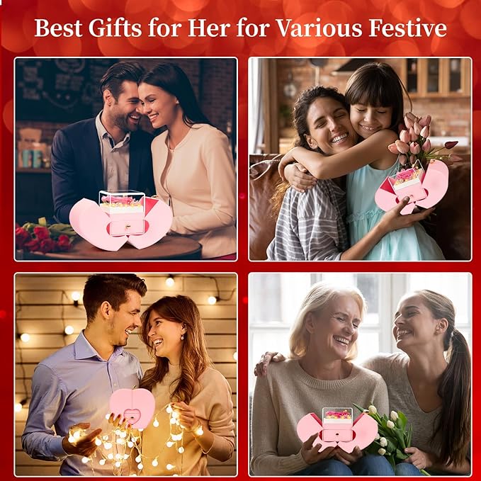 Preserved Real Pink Rose Birthday Gifts for Women Her Mom Wife Girlfriend Grandma with l Love You Necklace Eternal Forever Rose Flowers on Anniversary Valentine's Day Mothers Day Christmas
